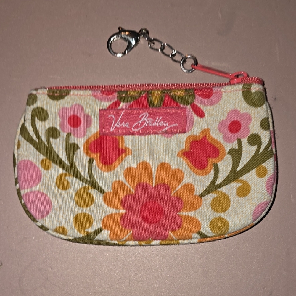 Vera Bradley Folkloric Zip-Up Coin Purse ID Holder Floral Pink Orange Green